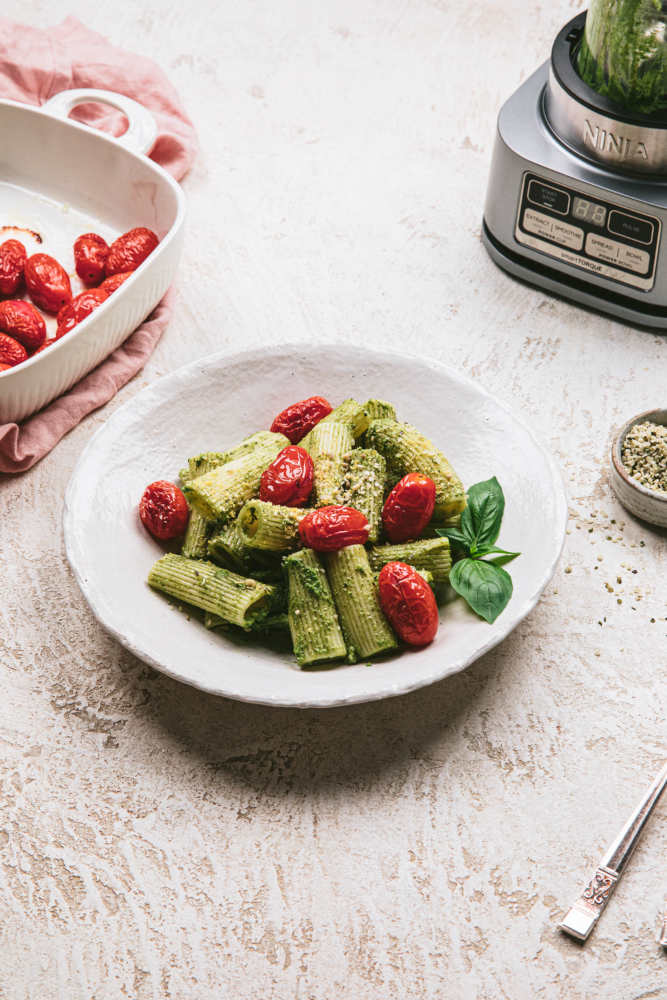 Zesty Hemp Seed Pesto Pasta with Roasted Tomatoes