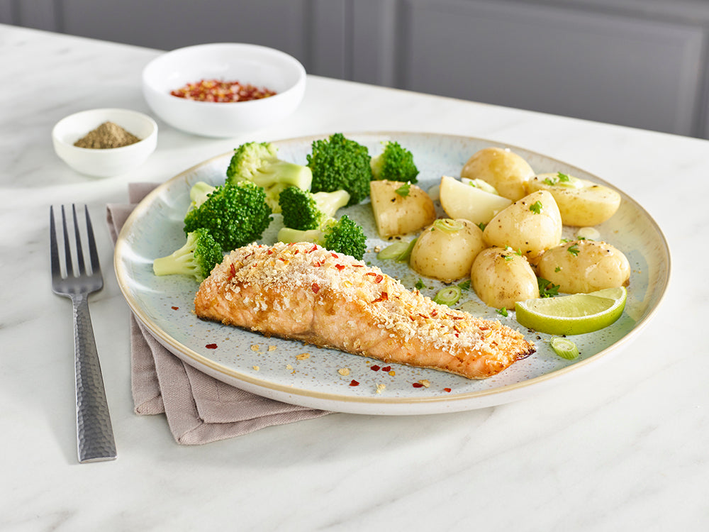 Crispy Topped Salmon, Asian style Vegetables & New Potatoes
